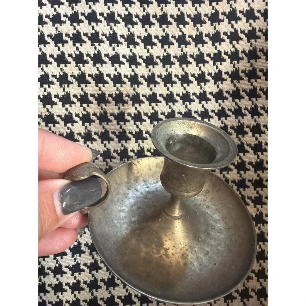 Vintage Chamberstick Candle Holder Metal Finger Loop Handle Aged Patina 3.5